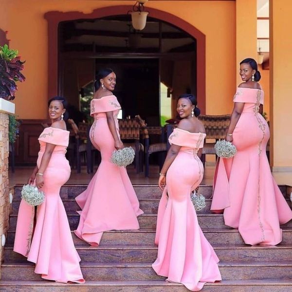 

plus size pink bridesmaid dresses long 2022 boat neckline gold applique backless bridesmaid dress south african black girls weddin260t, White;pink