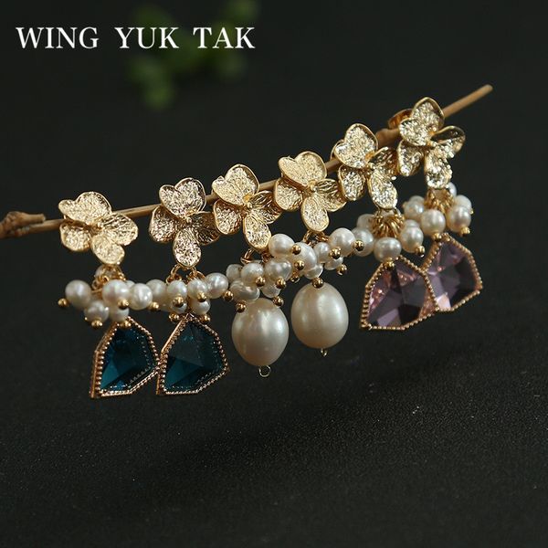 

wing yuk tak geometric flower freshwater pearls drop earings fashion jewelry vintage women's earrings female party jewelry, Silver