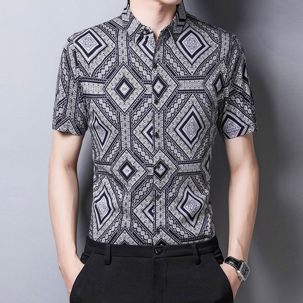 

c-3103 geometric pattern digital printing fashion short sleeve shirt summer new quality cotton icy smooth men shirt -3xl, White;black
