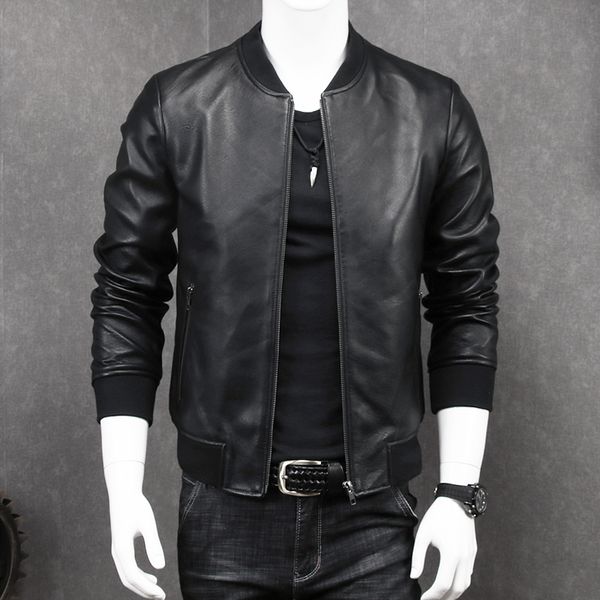 

2020 new fashion men black short biker jackets slim fit genuine leather jacket casual pocket zipper male coats plus size s-5xl