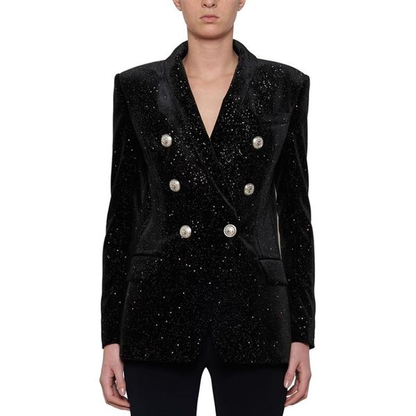 

new fashion 2020 fall winter designer blazer women's lion buttons sheer star silver glitter velvet blazer coat, White;black