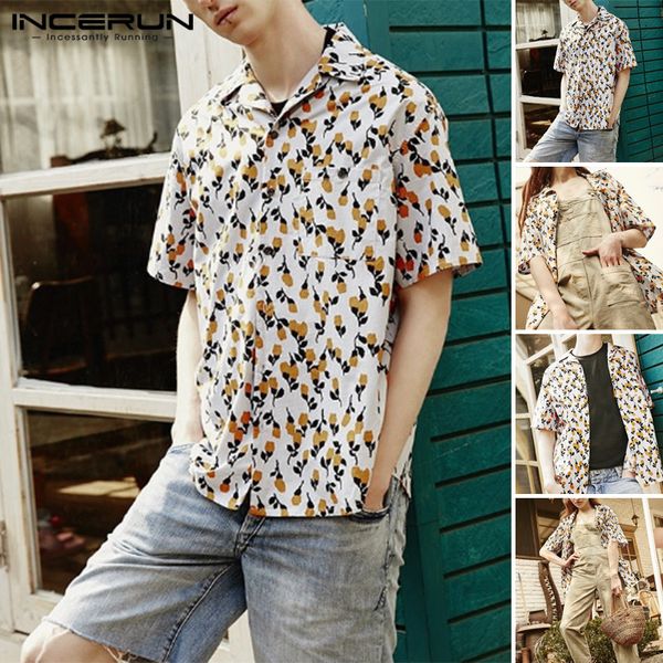 

incerun мужчины цветочные печатные рубашки лето с коротким рукавом нагрудные рубашки человек повседневная гавайская печать блузка свободные, White;black