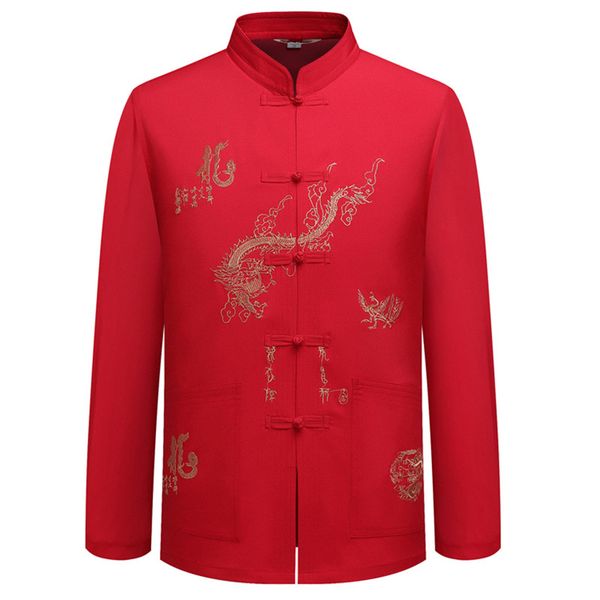 

2018 spring autumn traditional chinese style middle-aged men's long sleeve thin shirt stand collar national tang suit, Red