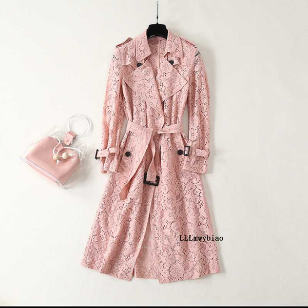

2020 autumn hollow-out lace trench coat women elegant single-breasted solid color thin windbreaker with belt z410, Tan;black