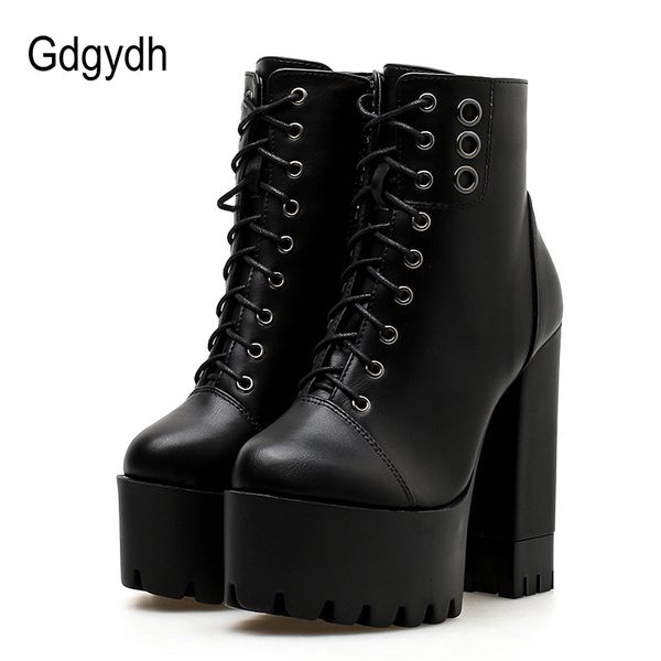 

gdgydh 2019 fashion women platform boots high heels women motorcycle boots zipper round toe rubber sole ladies party heel, Black
