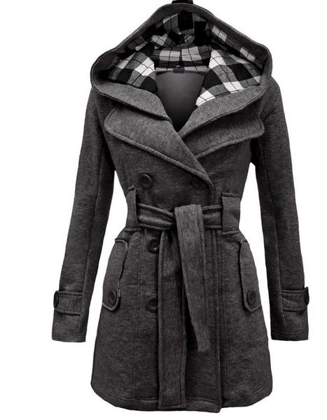 

women overcoats winter office lady elegant vintage double-breasted hooded slim plain belt female coats 2019 autumn coats, Black