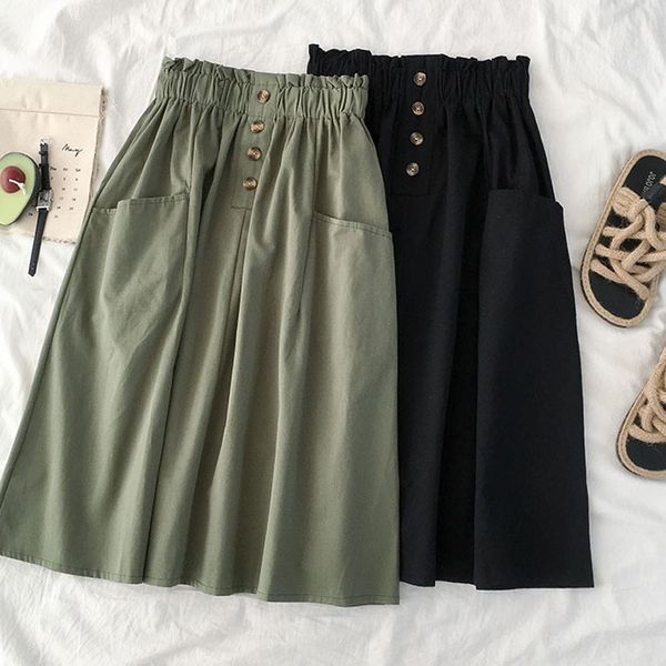 

fashion mid calf summer skirt women with pocket 2019 spring casual cotton solid high waist button school skirt female, Black