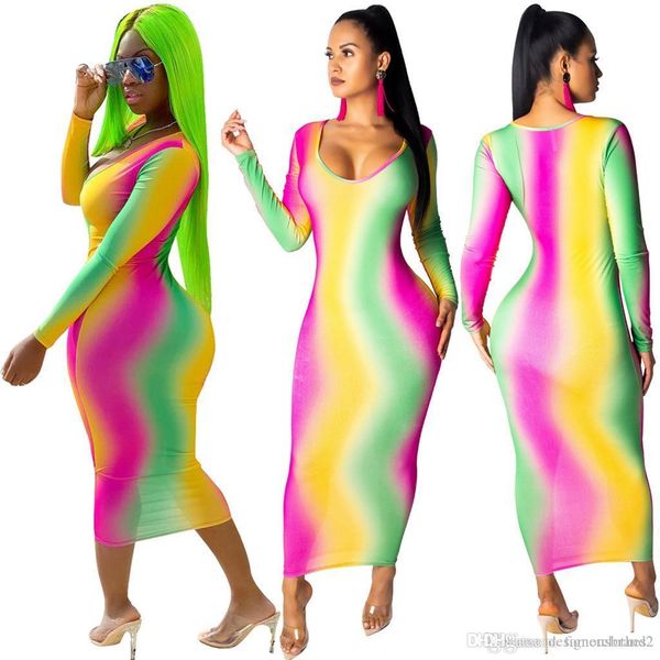 

women casual rainbow dress o-neck sheath pencil bodycon dresses spring summer bottoming long dress festidoes, Black;gray