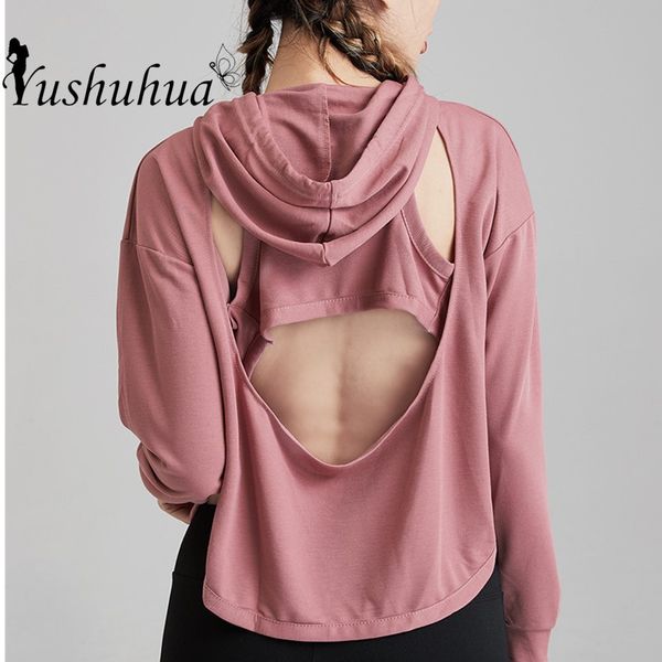 

hooded training running t-shirt loose fitness clothing gym breathable quick-dry long sleeve backless yoga shirt women tees, White;red