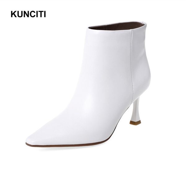 

2019 kunciti high heel women white boots pointed toe ladies ankle booties slip on european female autumn shoes plus size d971, Black