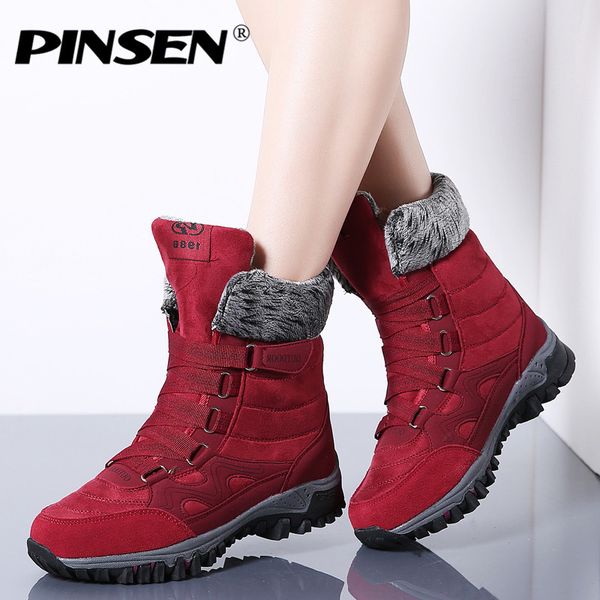 

pinsen 2020 new women boots leather suede winter boots women keep warm lace-up waterproof snow boots botas mujer t200104, Black
