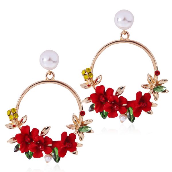 

korea retro simple red roses dangle drop earrings for women sweet metal round pendant earrings pink rose fine jewelry accessorie, Silver