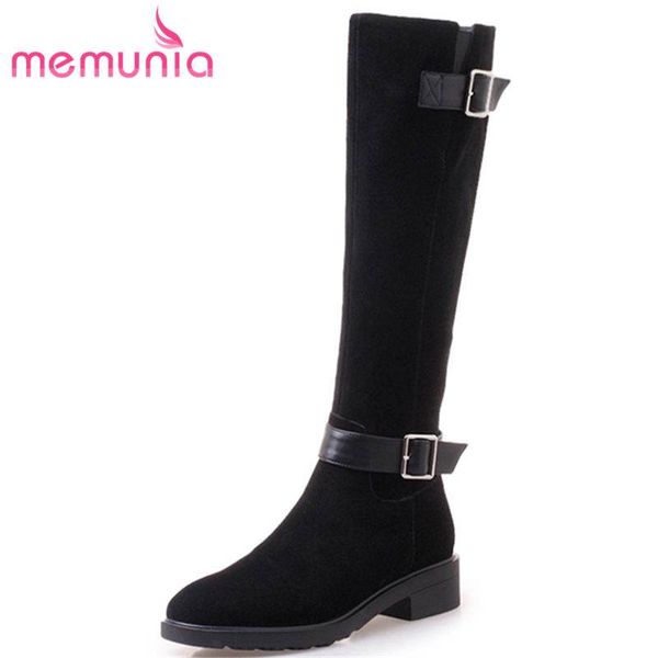 

memunia 2018 fashion square med heels cow suede leather boots buckle zip knee high boots for women round toe autumn, Black