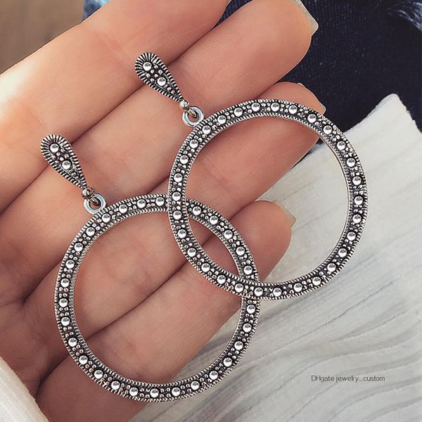 

1 Pair Women Simple Vintage Round Geometric Pendant Silver Long Earrings Fashion Hollow Wedding Earrings Valentines Day Gift