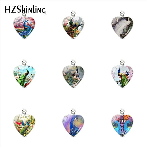 

beauty peacock and flowers paintings heart stainless steel pendants jewelry peacock feather charms handmade jewelry accessory, Silver
