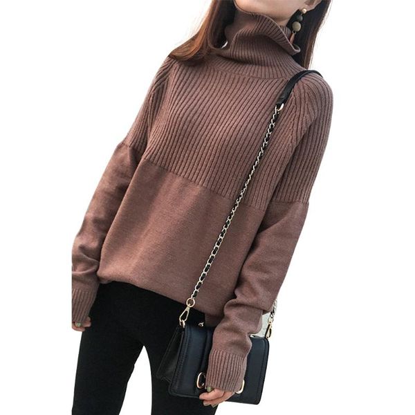 

осень зима женщины свитер streetwear мягкая мода вязаная повседневный ребро сращивание сыпучие высокий воротник пуловер с длинными рукавами, White;black