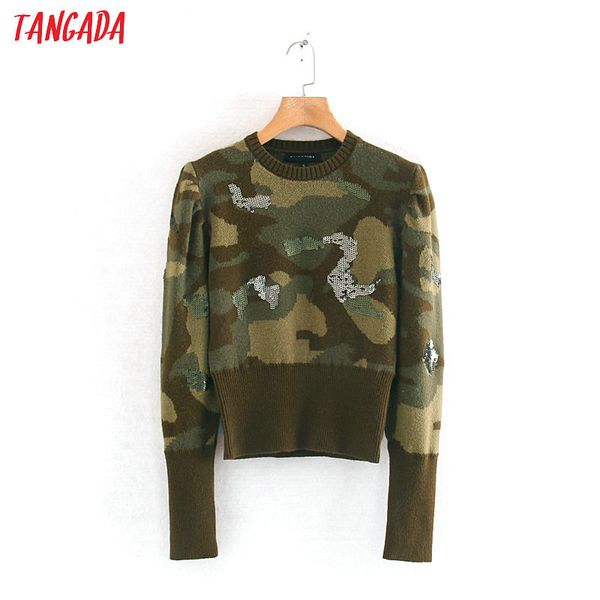 

tangada korea chic women beading camouflage slim sweater vintage ladies casual knitted jumper ry23, White;black