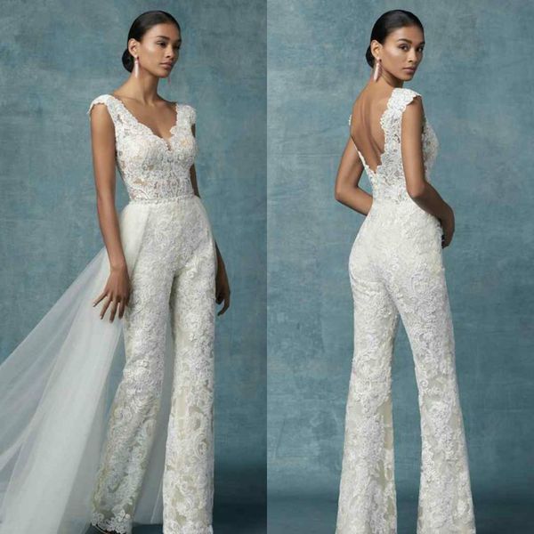 

bohemian country 2020 jumpsuits wedding dresses with detachable train lace appliqued v neck bridal gowns custom made wedding dress, White