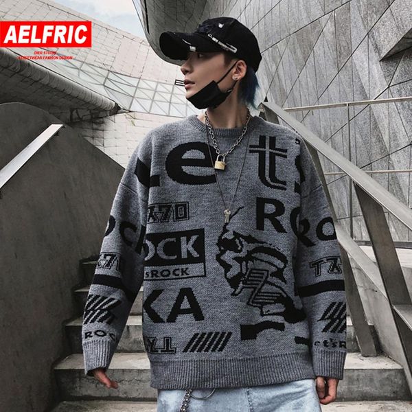 

aelfric hip hop letter printed knitted sweater men 2019 autumn winter harajuku streetwear fashion ripped casual pullover outwear, White;black