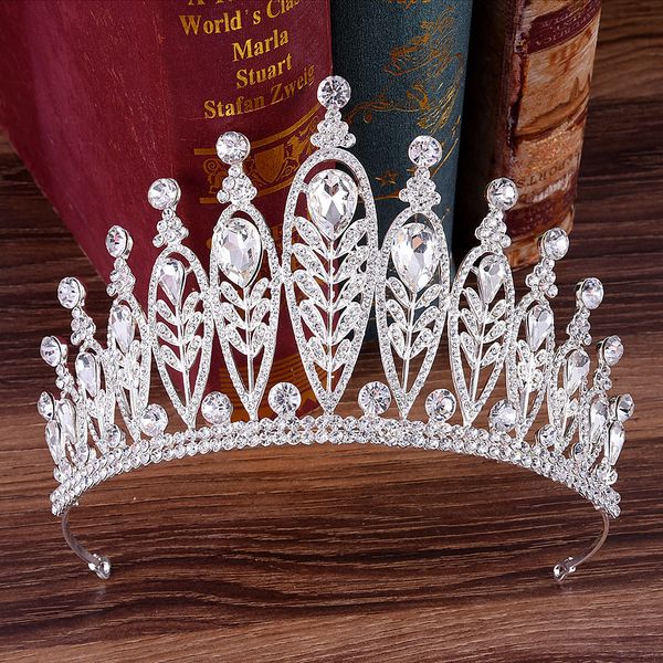 

kmvexo baroque gold silver leaves crystal rhinestones wedding crown luxury big queen tiaras headband for bridal hair accessories cj191226, White;golden