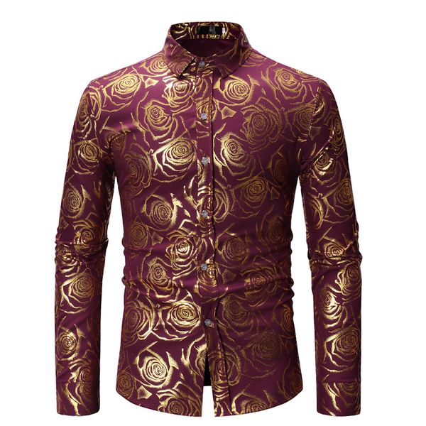 

shiny gold rose print white men shirt long sleeve slim fit floral mens dress shirts party casual prom male social shirt camisas, White;black