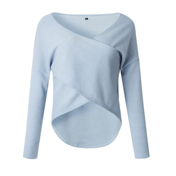 

women v-neck cross knitted thin shirt stylish long sleeve shirts female casual slim solid color clothing, White
