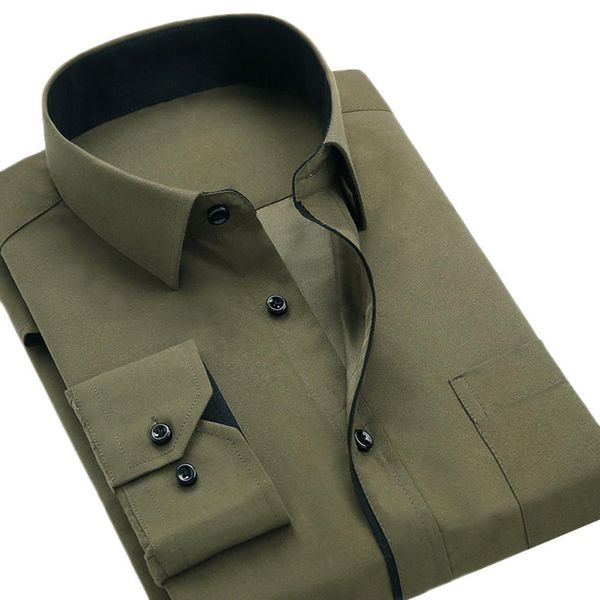 

men long sleeve solid color turn down collar pocket buttons cotton slim shirt, White;black