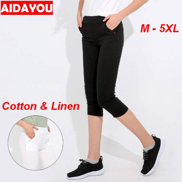 

womens short leggings super material cotton linen kirean japan summer trousers plus size office lady casual jeans ouc442a, Black;white