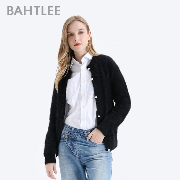 

bahtlee women angora cardigans sweater autumn winter wool knitted jumper long sleeves o-neck silver wire suit style pearl buckle, White;black