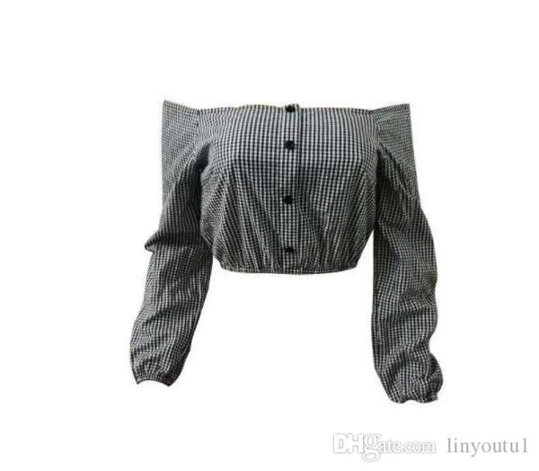 

retro plaid one word collar off-shoulder short-sleeved shirt women summer new korean kawaii short female clothes, White