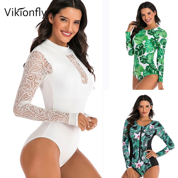 

vikionfly new 2020 sport zipper swimsuit women one piece swimwear long sleeve lace bathing suit swimming maillot de bain femme, White;black