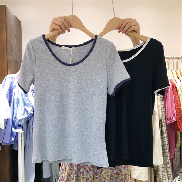 

color matching round collar casual wind elastic short sleeve comfortable t-shirt thread t-shirt female summer 2020 all-match student bas, White
