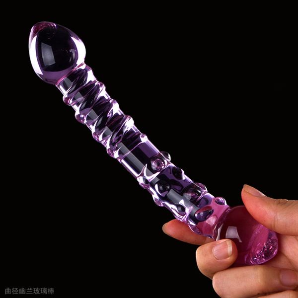 Novo Duplo Terminado Crystal Roxo Pyrex Vidro Dildo, Grânulo de Pênis Artificial e Espiral G Simulador Spot Sexo Adulto Brinquedos para Mulher Y191028