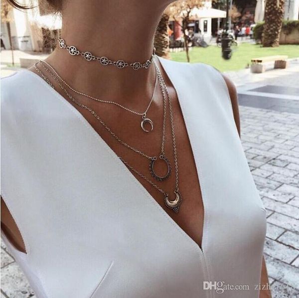 

necklace pendant 4 piece set silver retro beach star moon summer woman girl gift fashion wholesale fashion jewelry