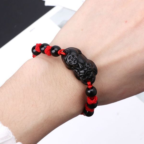 

obsidian stone pi xiu kabbalah red string bracelet attract wealth good luck, Black