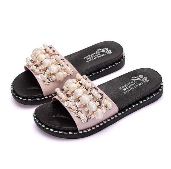 

new shell pearl word with sandals and slippers female summer wear 2019 cross-border fashion sequins thick-soled home drag, Black