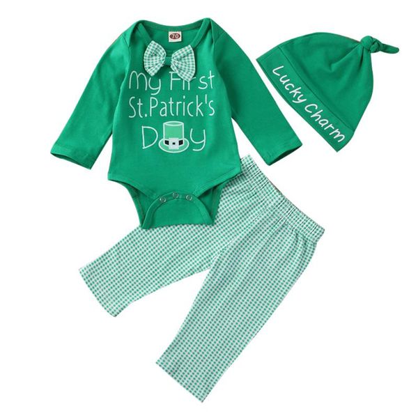 

мой 1-й день святого патрика новорожденных мальчиков зеленая одежда с длинным рукавом боди брюки шляпа наряд 3шт комплект 0-12 м, White