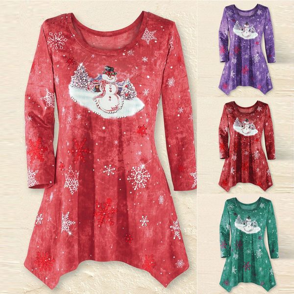 

women's winter festive waterfall christmas round neck fit loose casual irregular hem roupas femininas#30, White