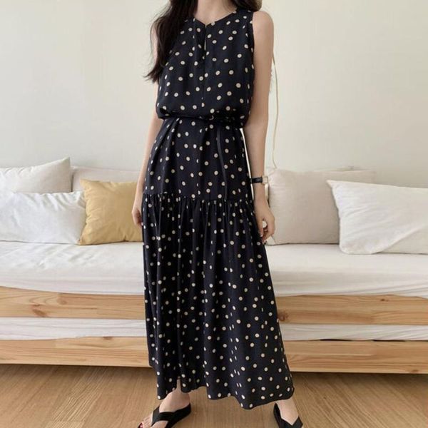 

boho dresses women summer a-line polka dots sleeveless lady dress beach holiday girls party 2020 summer fashion japan korean, Black;gray