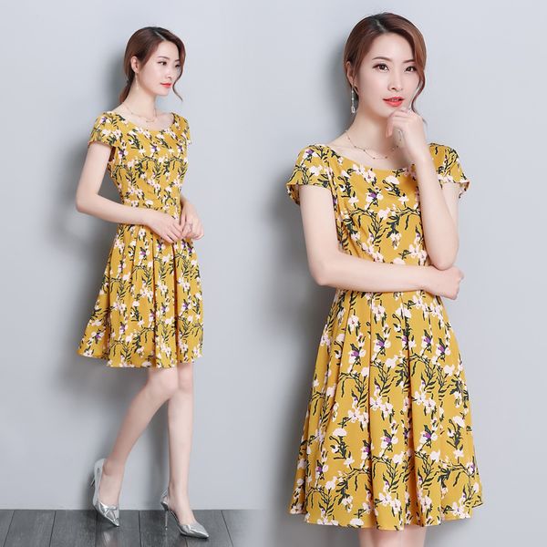 

2018 summer new style slim fit slimming short sleeve waist hugging thin mid-length printed big hemline dress, Black;gray