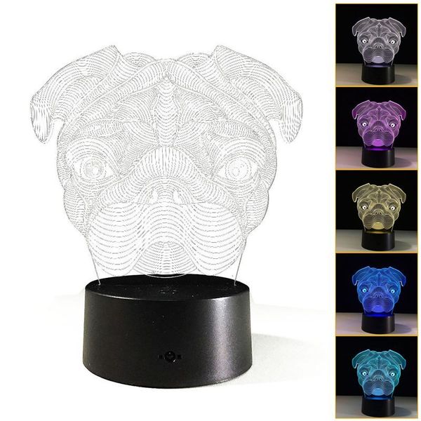 

3d illusion cute puppy pug dog night light 7 color change led desk table light lamp for kids children