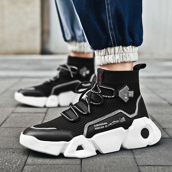 

lighted high-sock shoes men breathable -knitted sneakers height increasing all-match chaussure slip-on skateboarding, Black