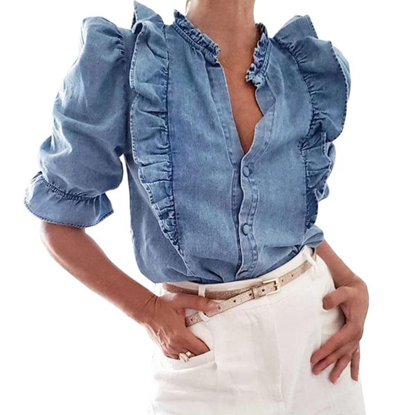 

blue denim blouse 2019 autumn solid ruffles puff sleeve shirts office lady blouse casual vintage button work female top, White