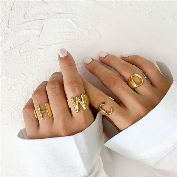 

hollow a-z 26 letter open rings gold color metal adjustable opening ring initial name alphabet punk vintage statement rings party jewelry, Slivery;golden