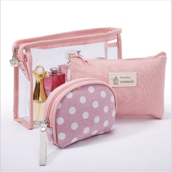 

3pcs/set dot printed travel toiletry wash kit bag 2018 waterproof transparent cosmetic bags women portable make up bag