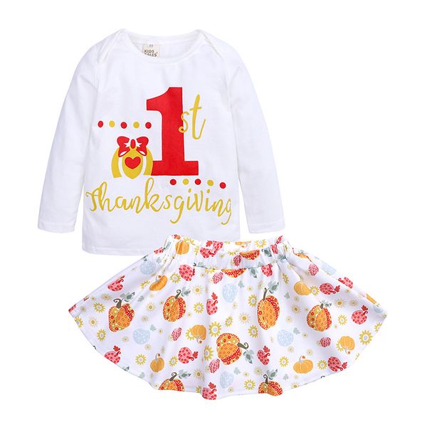 

baby infant toddler kids girls clothes sets thanks giving flowers long sleeve t-shirt skirt 2pcs outfits suits children clothing, White