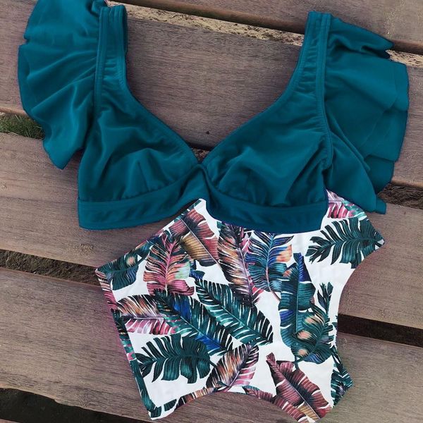 

2019 new swimsuit women swimwear high waist bikini ruffle bikini set push up bathing suit print beach wear summer biquini female