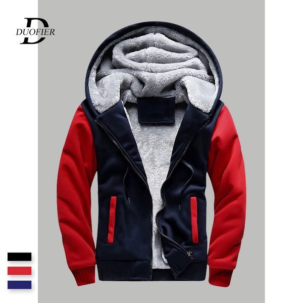 

warm men hoodies solid patchwork 2019 winter thick fleece male casual hooded sweatshirts zipper men's sportswear tracksuits coat, Black