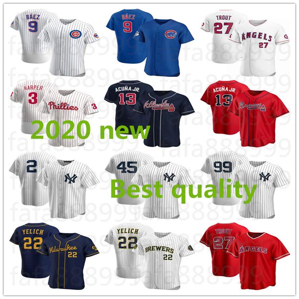 

2020 new 9 javier baez 3 bryce harper 22 christian yelich 13 ronald acuna jr. 99 judge jeter 45 gerrit cole mike trout baseball jerseys, Black