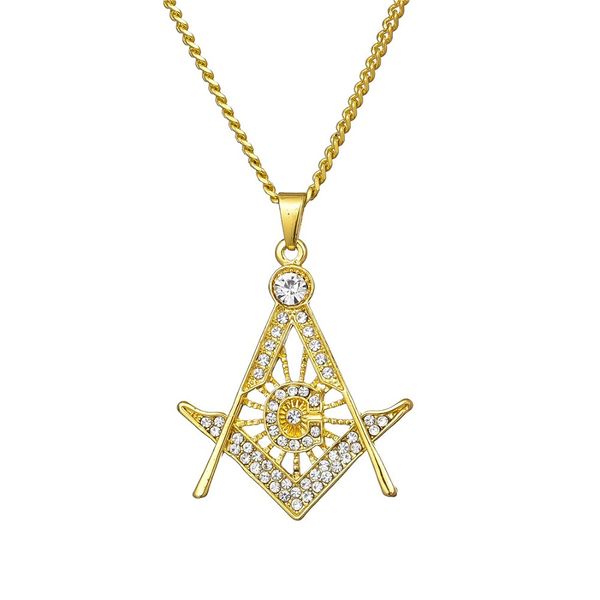 

masonic pendant gold necklace men hip hop jewelry unique street hip hop fashion full rhinestone design 60cm long chain punk necklace for men, Silver